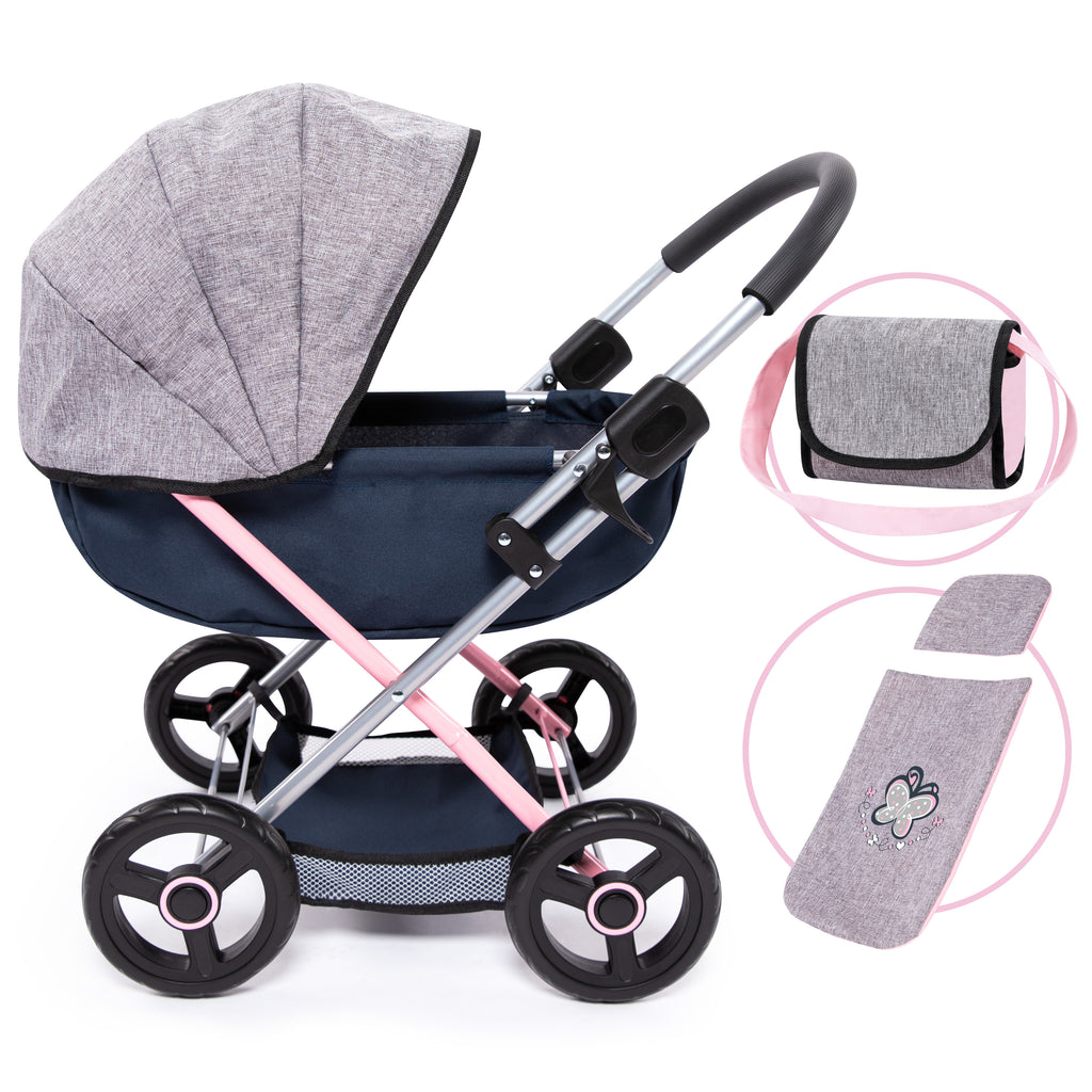Bayer Cosy Dolls Pram  - Navy, Grey & Pink - 12727AA