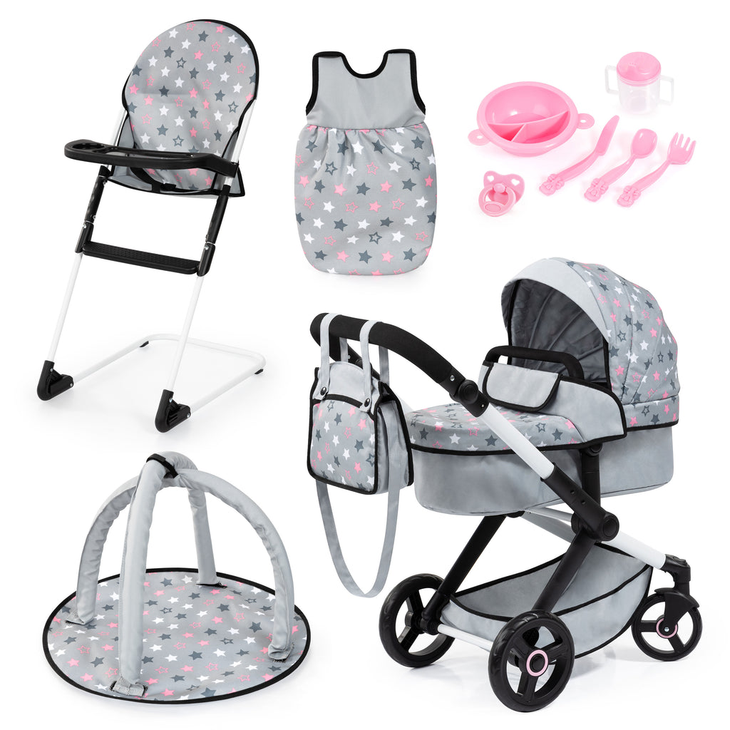 Bayer Xeo Dolls Pram Deluxe with Accessories- Gray - 17007AB