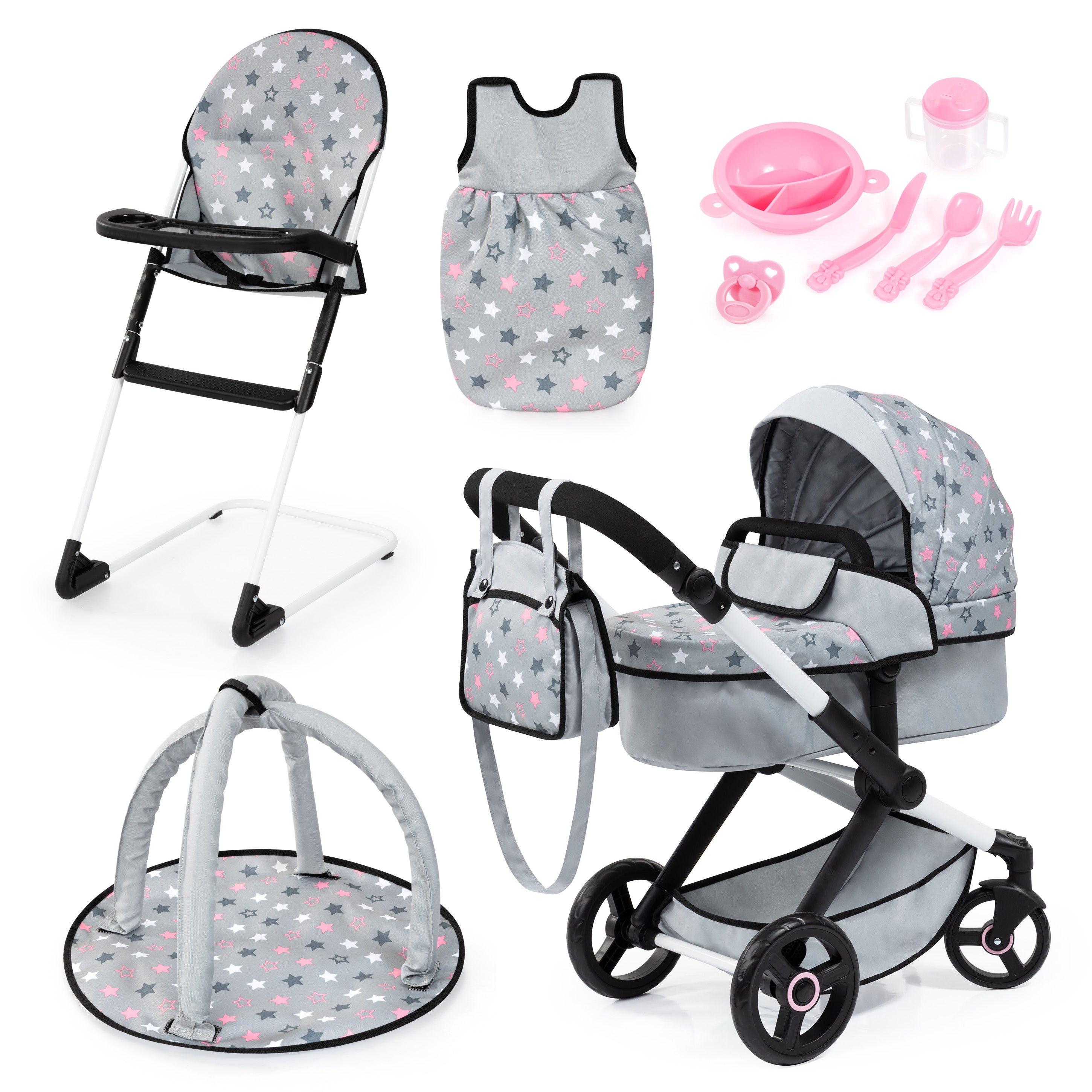 Bayer Xeo Dolls Pram Deluxe with Accessories- Gray - 17007AB