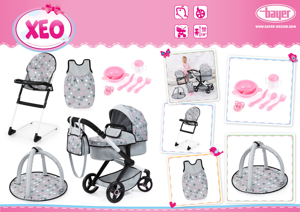 Bayer Xeo Dolls Pram Deluxe with Accessories- Gray - 17007AB