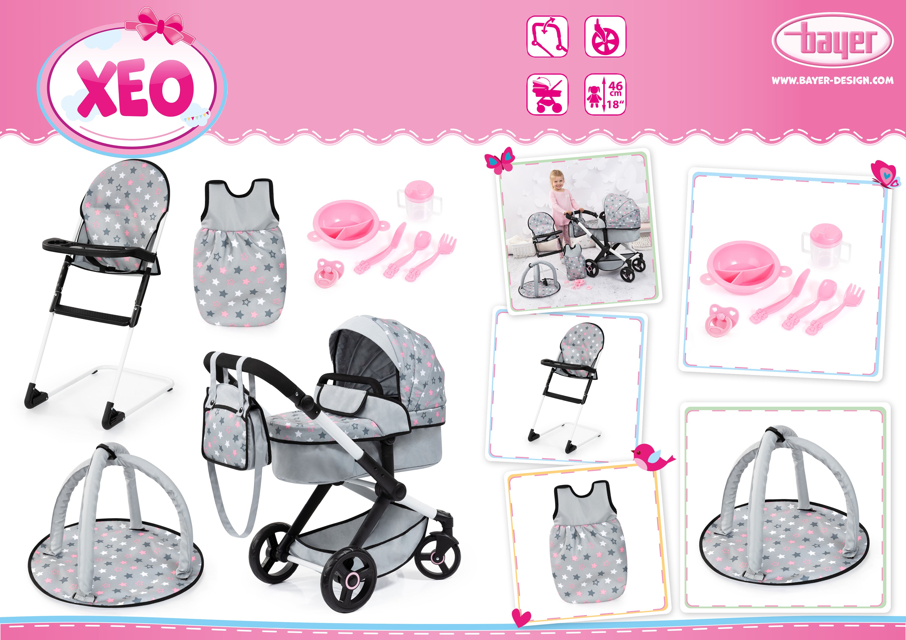 Bayer Xeo Dolls Pram Deluxe with Accessories- Gray - 17007AB